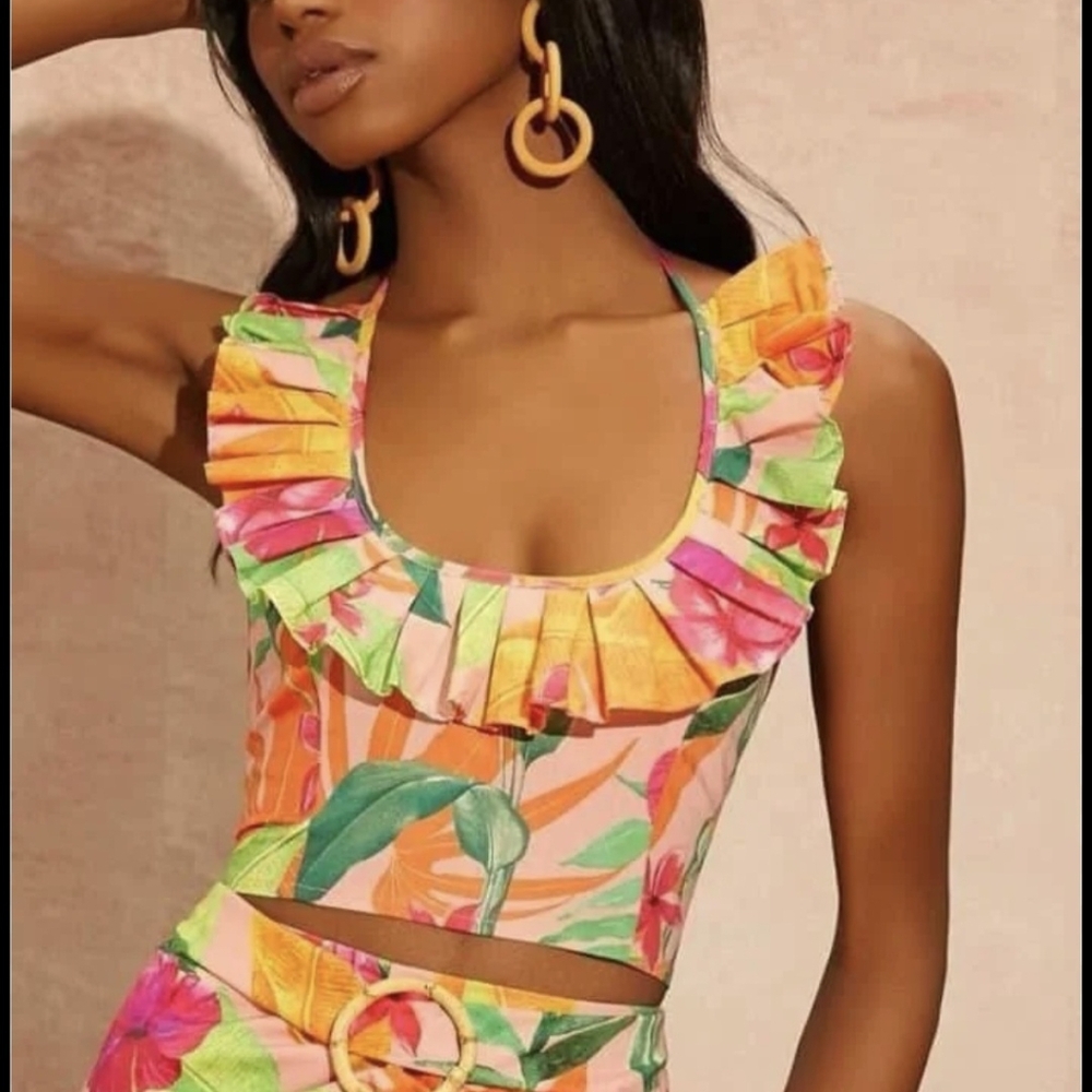 Tropical Print Ruffle Trim Halter Top
